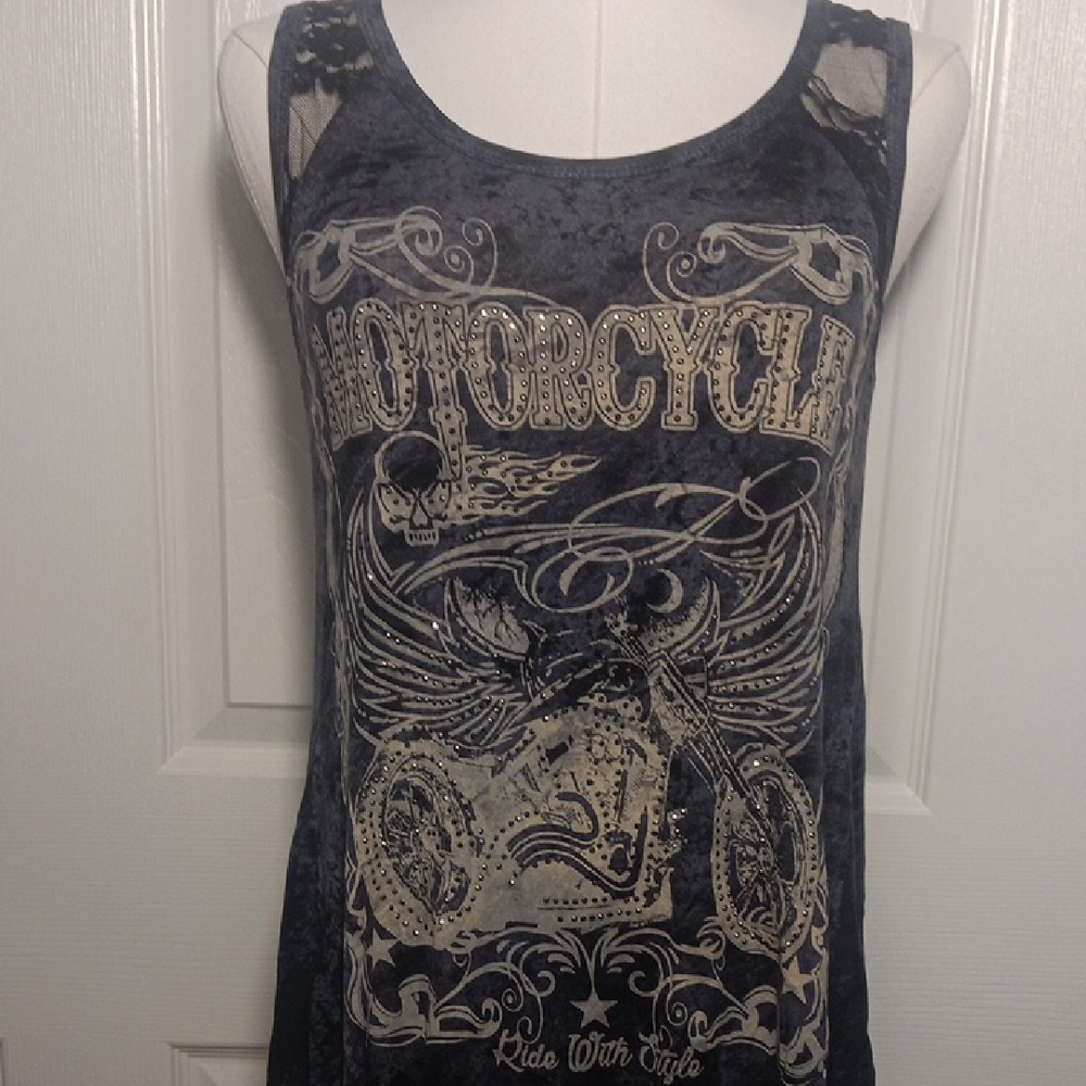 NEW! Vocal Motorcycle Charcoal Graphic Tank Top With Lace Details & Embellished - Picture 5 of 13